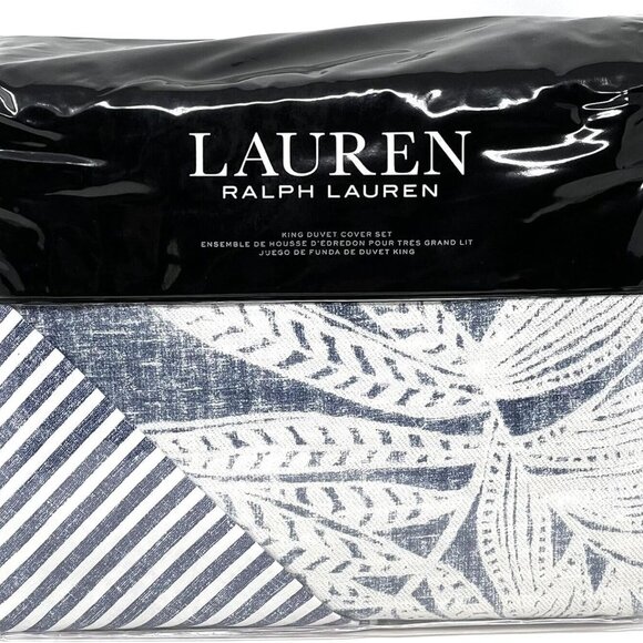 New Ralph Lauren Evan Palm King 3p Duvet Cover Set Blue Floral Reversible Stripe - Picture 3 of 4